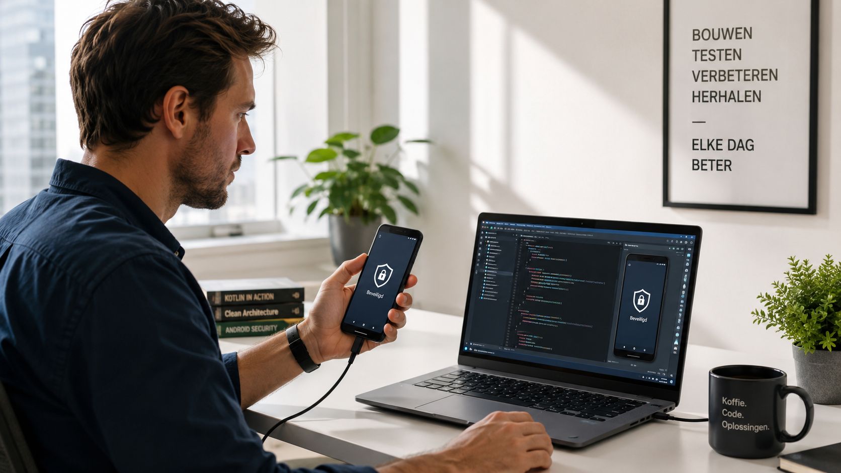 Een mannelijke ontwikkelaar bouwt een veilige Android-app op zijn laptop terwijl hij een verbonden smartphone vasthoudt.