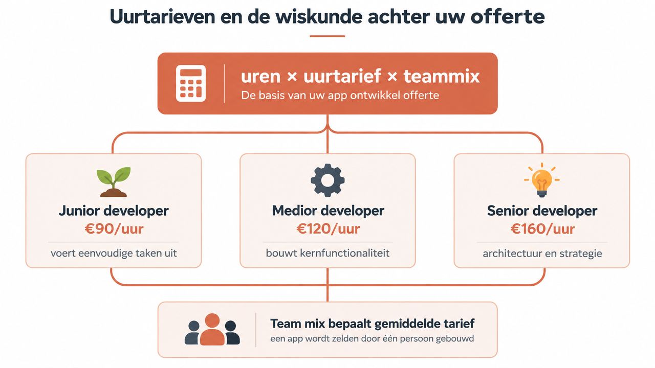Een infographic die de opbouw van app-ontwikkelingskosten uitlegt op basis van uurtarieven en de gekozen teammix.
