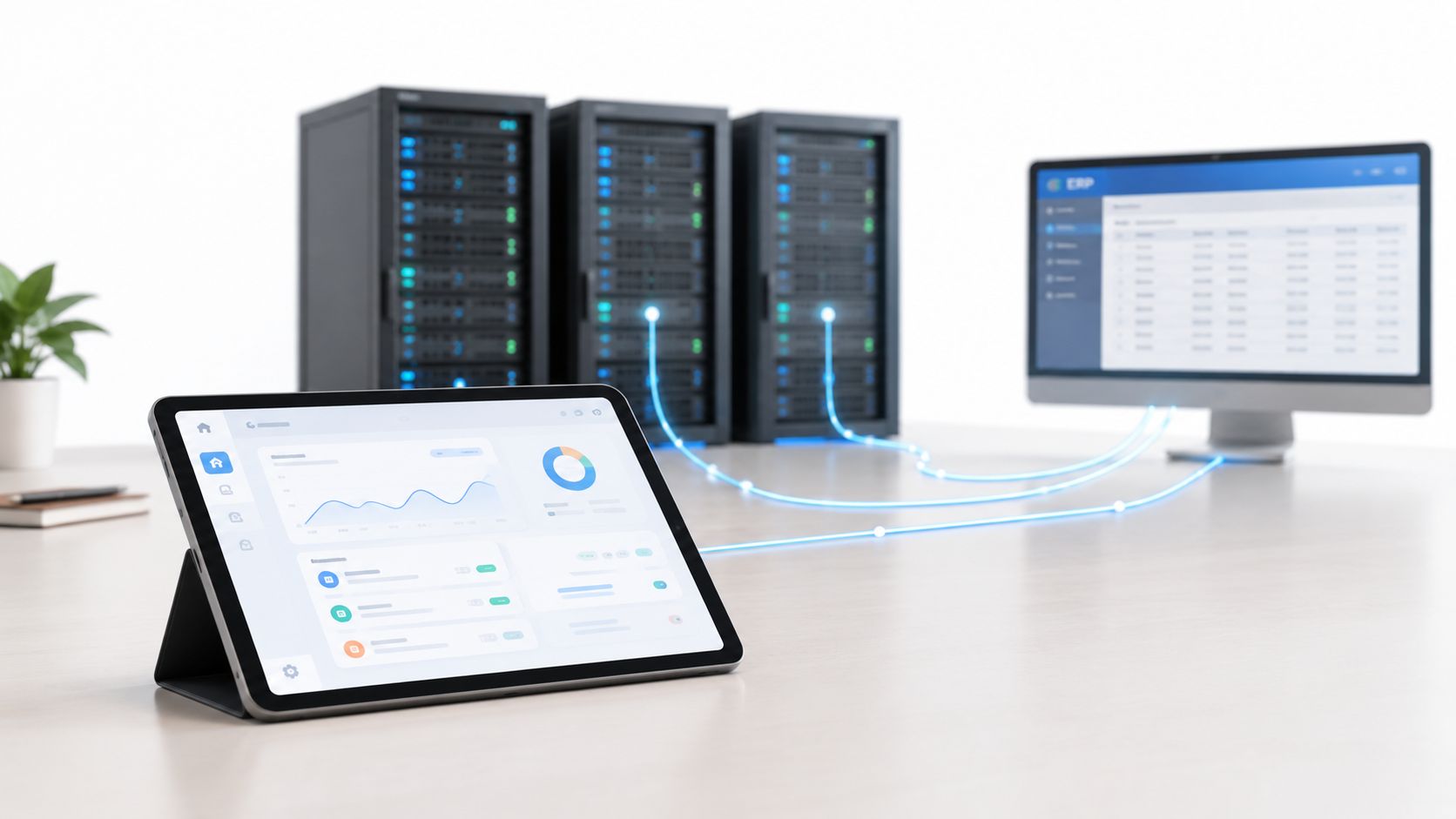 Een tablet en computer verbonden met serverracks voor zakelijke software en ERP-applicatiebeheer op kantoor.