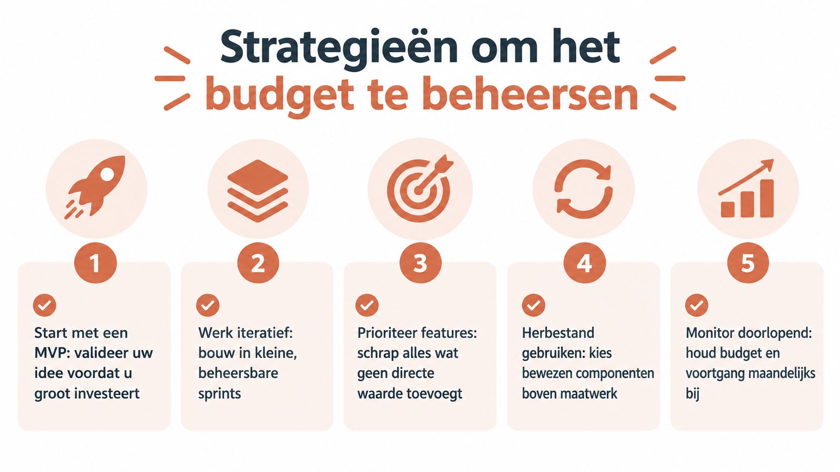 Een infographic met vijf strategieën om het budget effectief te beheren bij softwareontwikkeling of projecten.