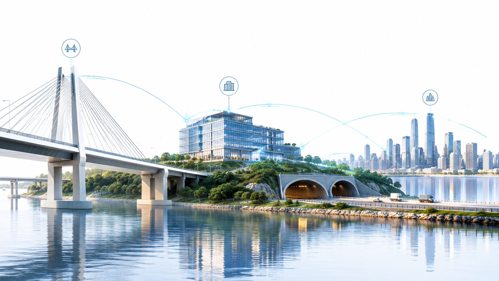 Een digitale weergave van een moderne stad met bruggen, gebouwen en tunnels verbonden door digitale datanetwerken.