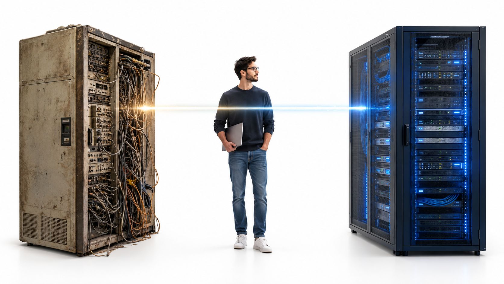 Een IT-professional staat tussen een verouderde serverkast en een modern serverrack met blauwe verlichting tijdens migratie.