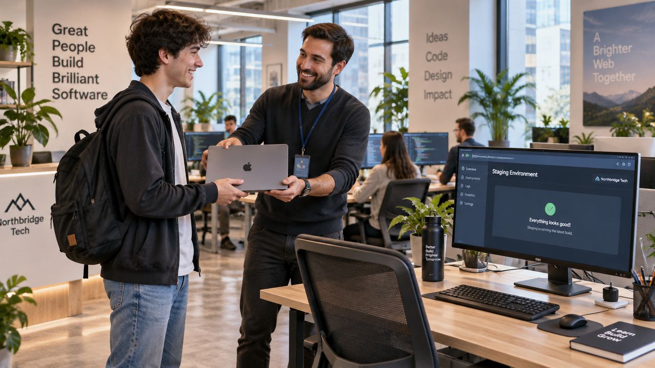 Een mentor overhandigt een Apple laptop aan een enthousiaste stagiair front-end developer op een modern kantoor.