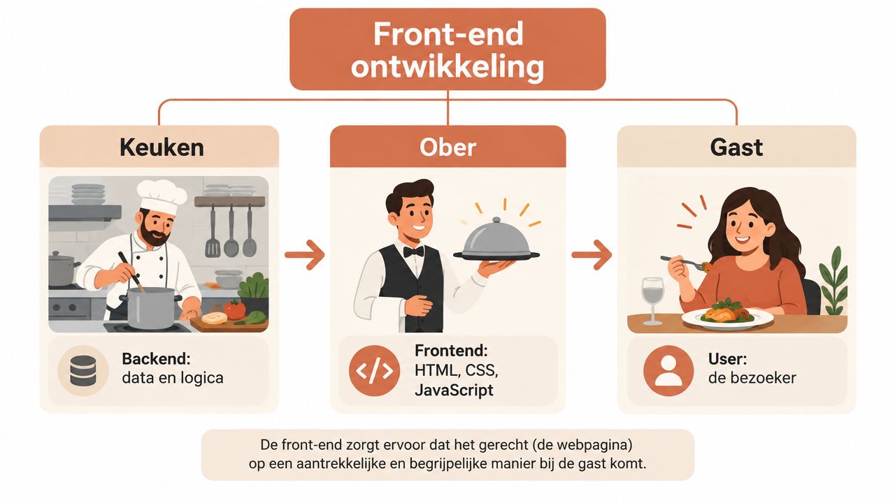 Een informatieve afbeelding die front-end ontwikkeling uitlegt als een restaurantmetafoor met een kok, ober en gast.