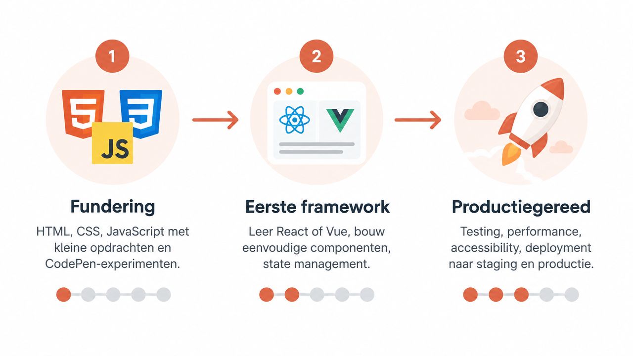 Een overzicht van het leertraject voor een front-end ontwikkelaar, verdeeld in drie stappen: fundering, framework, en productiegereedheid.