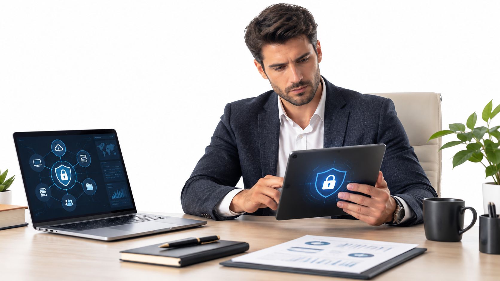 Een professionele CISO bekijkt cyberbeveiligingsgegevens op een tablet en laptop tijdens zijn werk aan een bureau.