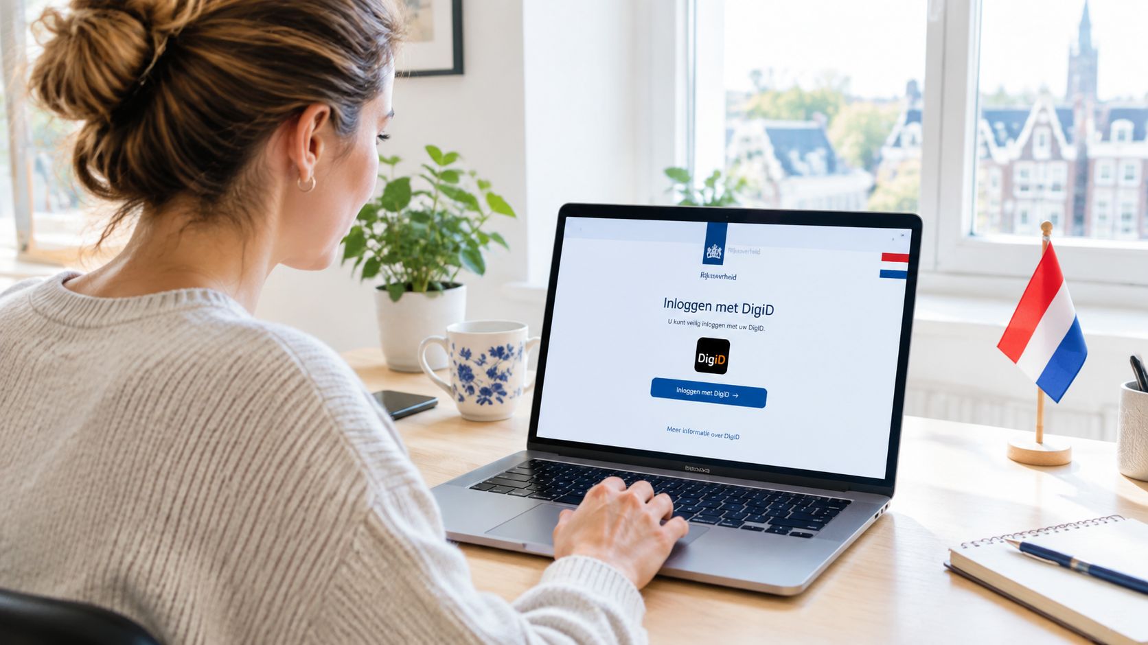 Een vrouw logt in op een webapplicatie met haar DigiD op een laptop aan een bureau.